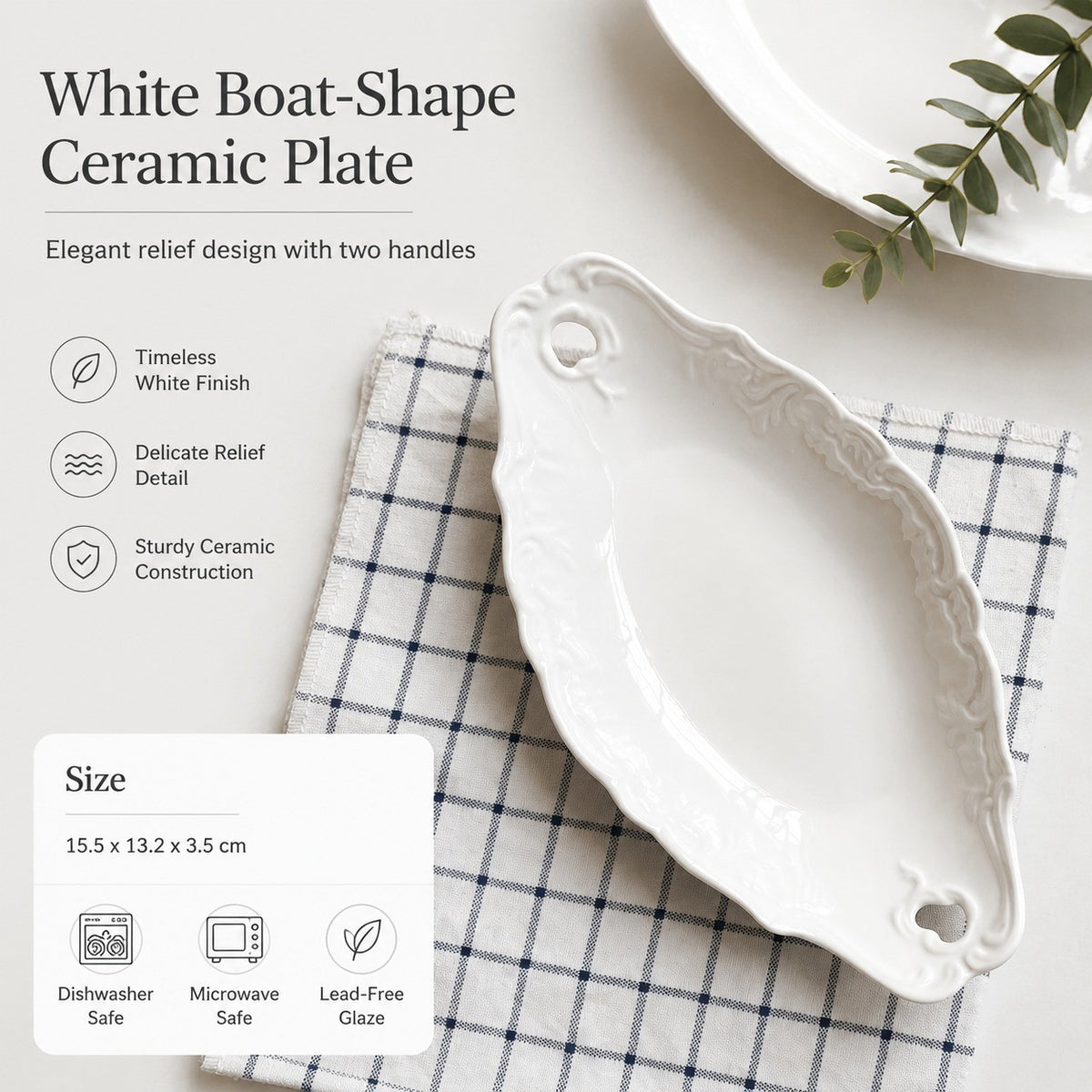 White Boat-Shape Ceramic Plate with Two Handles, 15.5 x 13.2 x 3.5 cm, Relief - detail 1
