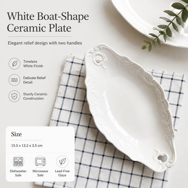 White Boat-Shape Ceramic Plate with Two Handles, 15.5 x 13.2 x 3.5 cm, Relief - detail 1
