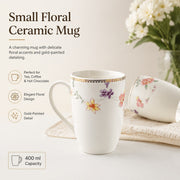 Small Floral Ceramic Mug, 400 ml, Gold Painted Detail - detail 3