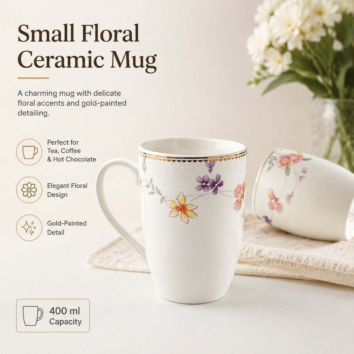 Small Floral Ceramic Mug, 400 ml, Gold Painted Detail - detail 3