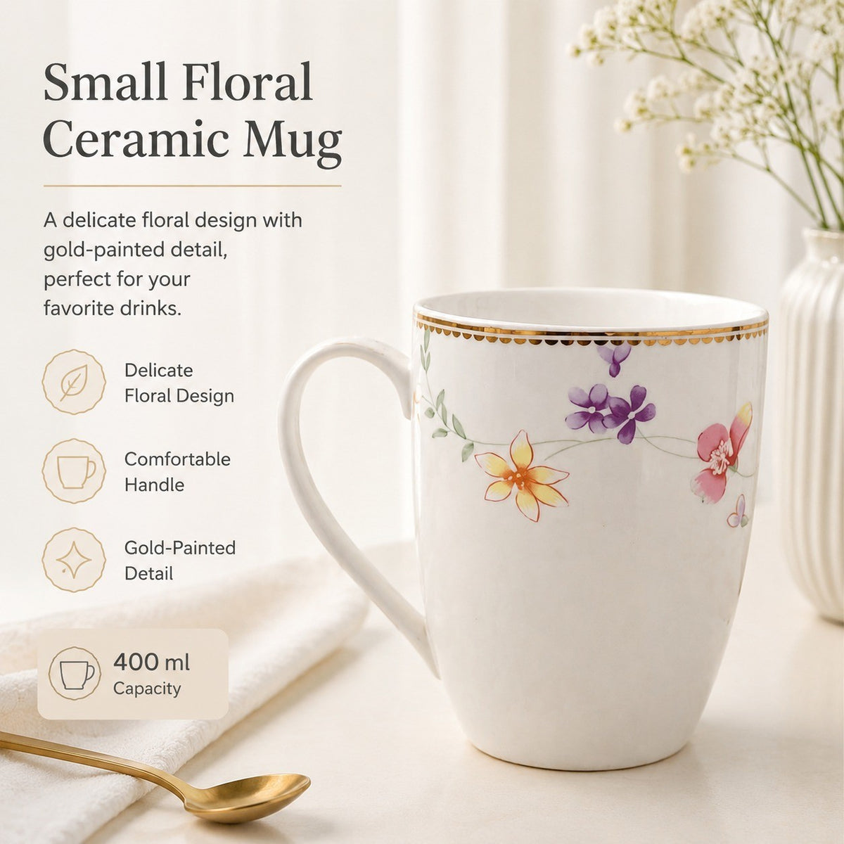 Small Floral Ceramic Mug, 400 ml, Gold Painted Detail - detail 2