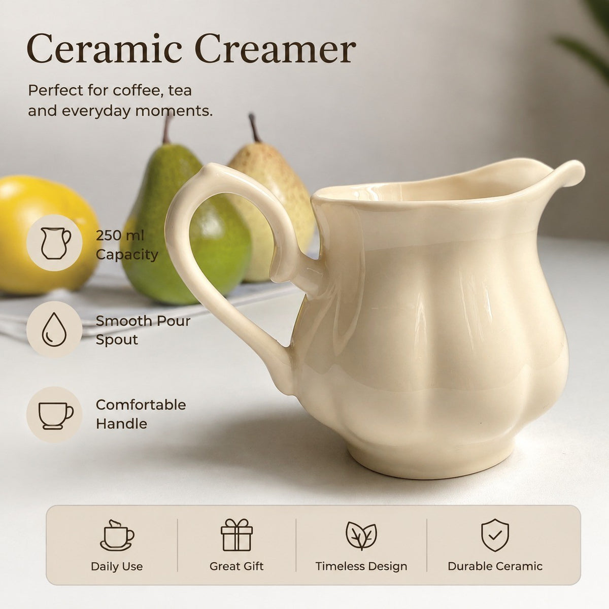 Ceramic Creamer, Cream Color, 250 ml, Small Pitcher for Coffee & Tea - detail 3