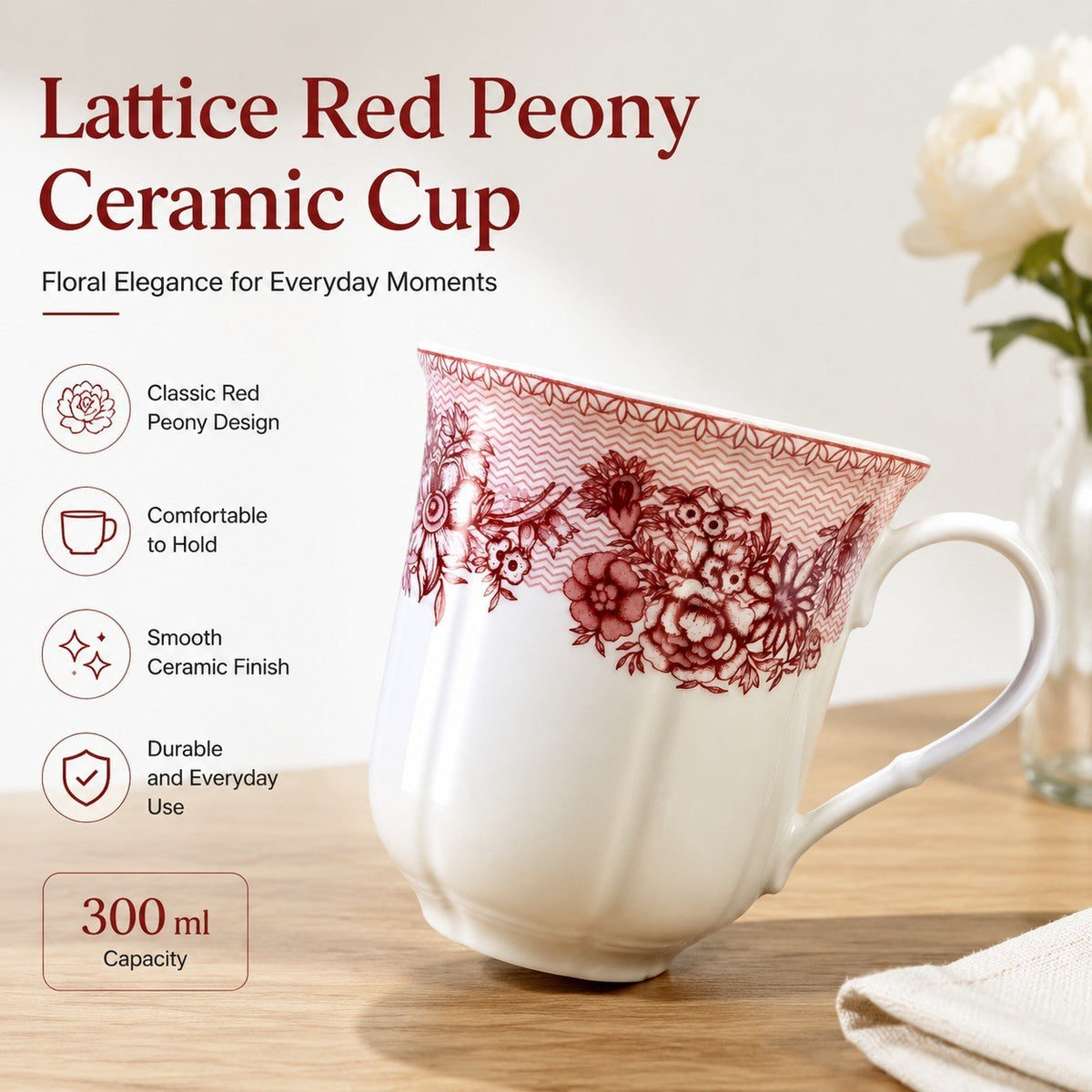 Green Peony Ceramic Cup, Tea Coffee Mug - detail 1