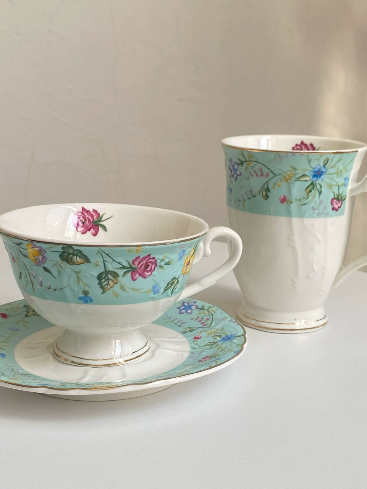 Ceramic Coffee Cup, Blue Floral Design - detail 2