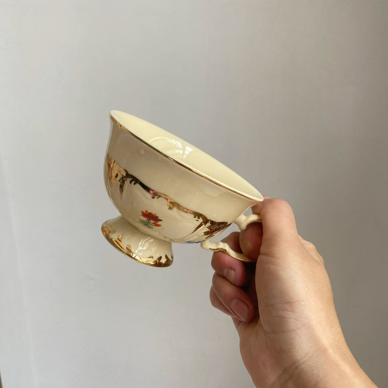 Yellow Floral Coffee Cup, 220 ml, Heavy Gold Detail, Single Piece Ceramic Mug - detail 1