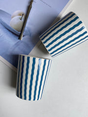 300 ml Ceramic Handheld Cup, Blue Stripe Design, Underglaze Decor - detail 2