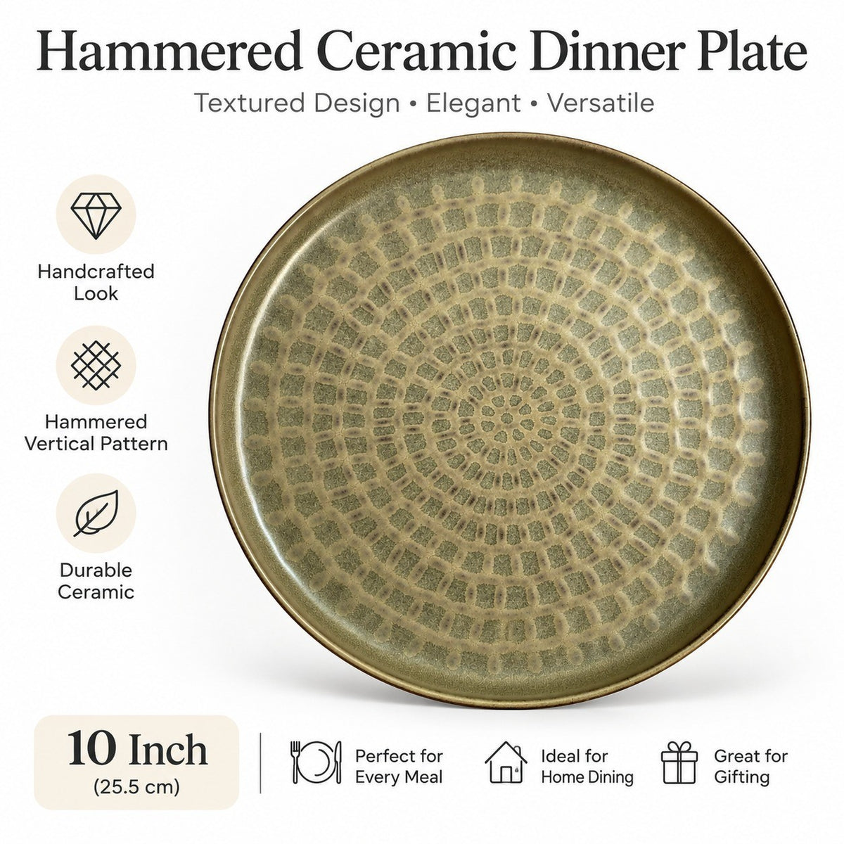 Hammered Ceramic Plate 10 Inch, Vertical Pattern, 25.5 x 2.5 cm, Dinnerware - detail 1