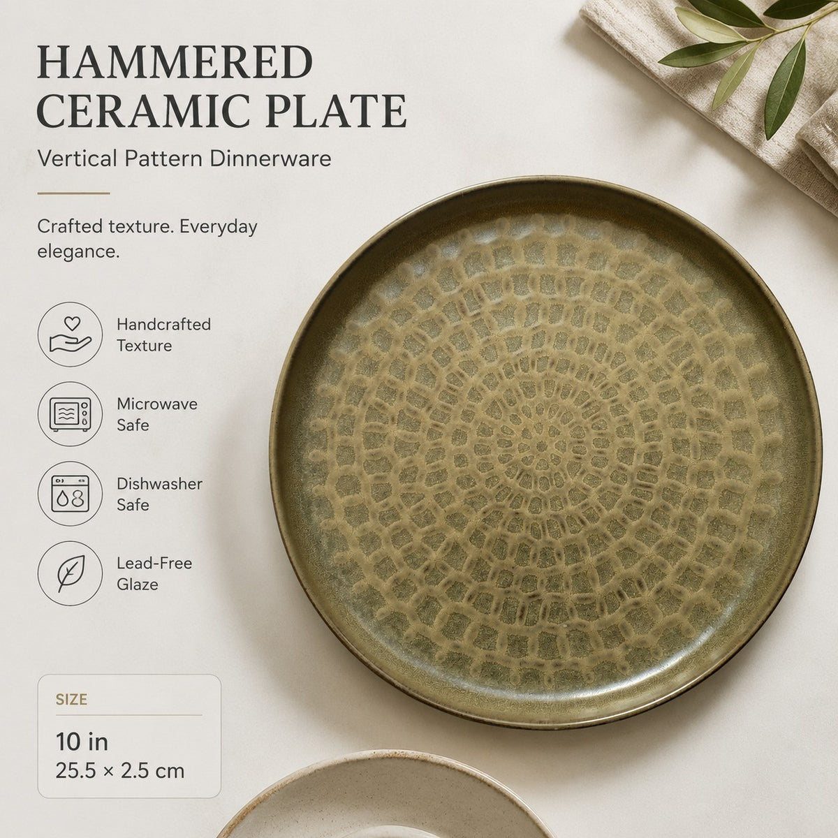 Hammered Ceramic Plate 10 Inch, Vertical Pattern, 25.5 x 2.5 cm, Dinnerware - detail 2