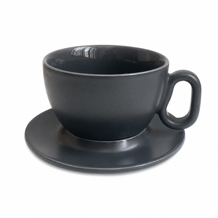 Matte Gray Ceramic Cup and Saucer Set, 320 ml Espresso Tea Coffee - product view 1