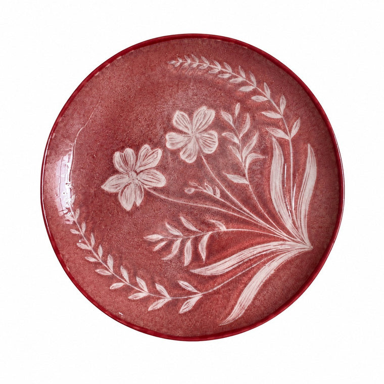Ceramic Plate 8 Inch, Rust Red Orchid Design, Underglaze Decoration - product view 2