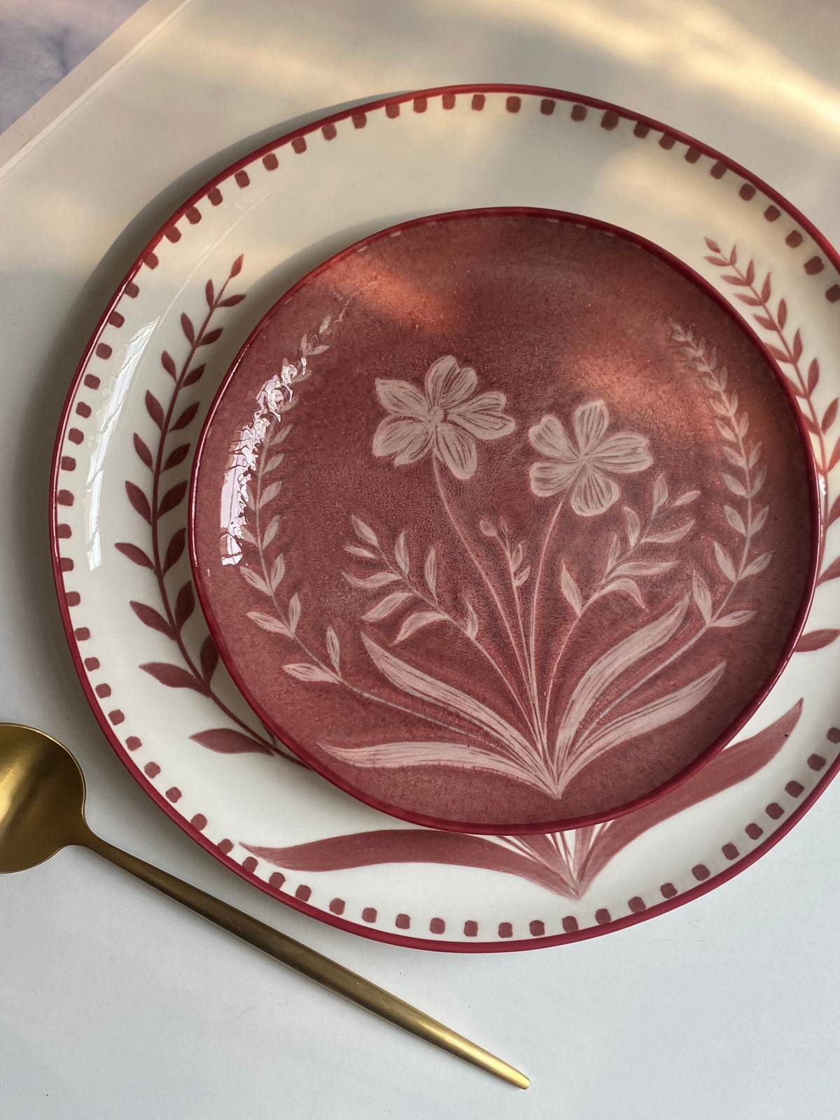 Ceramic Plate 8 Inch, Rust Red Orchid Design, Underglaze Decoration - detail 2