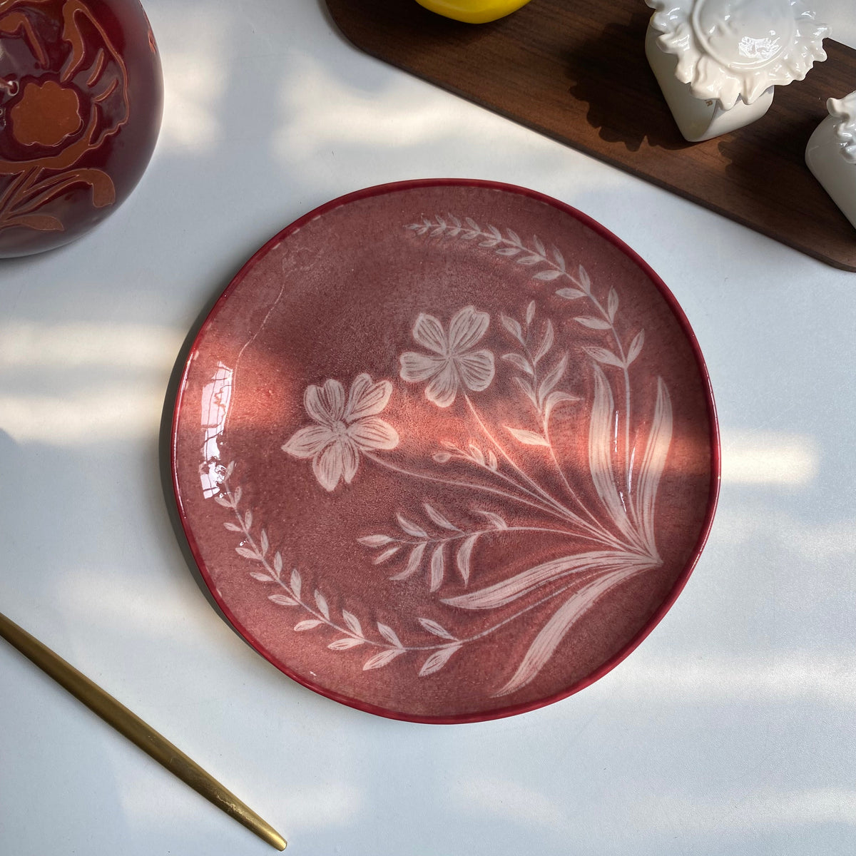 Ceramic Plate 8 Inch, Rust Red Orchid Design, Underglaze Decoration - detail 1