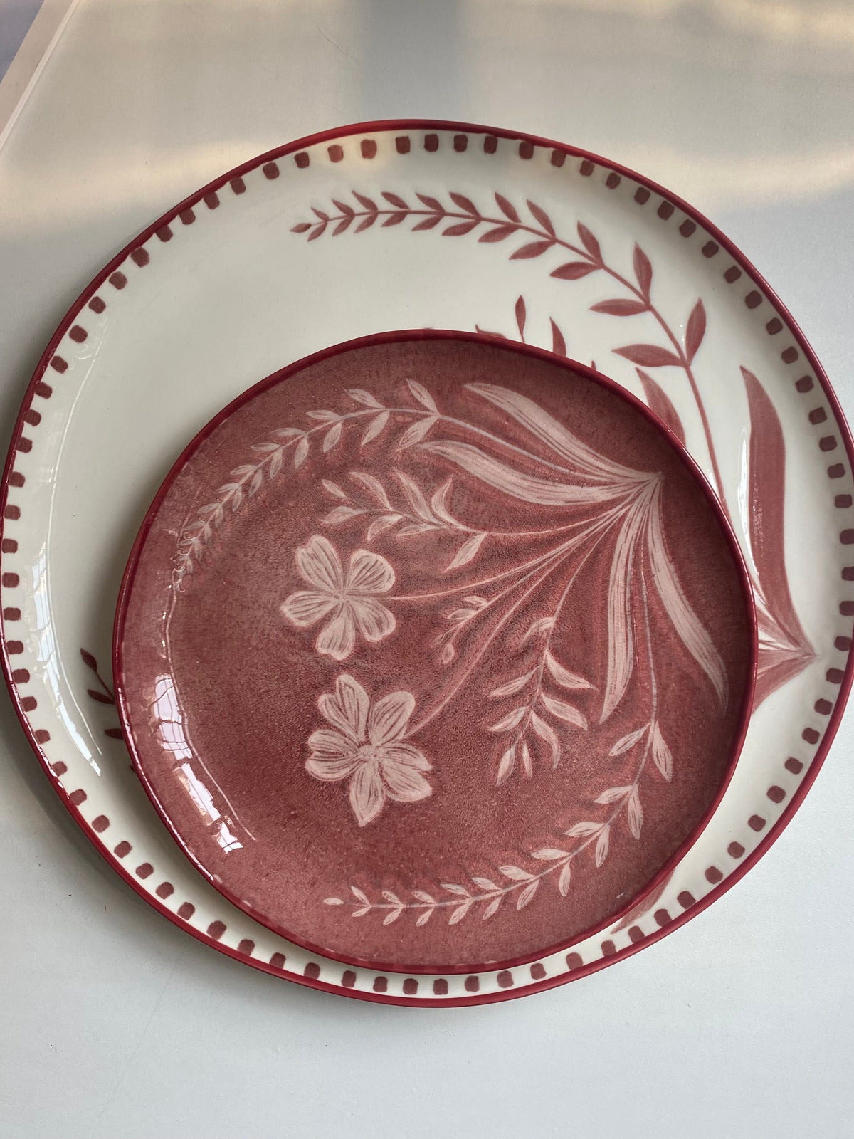 Ceramic Plate 8 Inch, Rust Red Orchid Design, Underglaze Decoration - detail 3