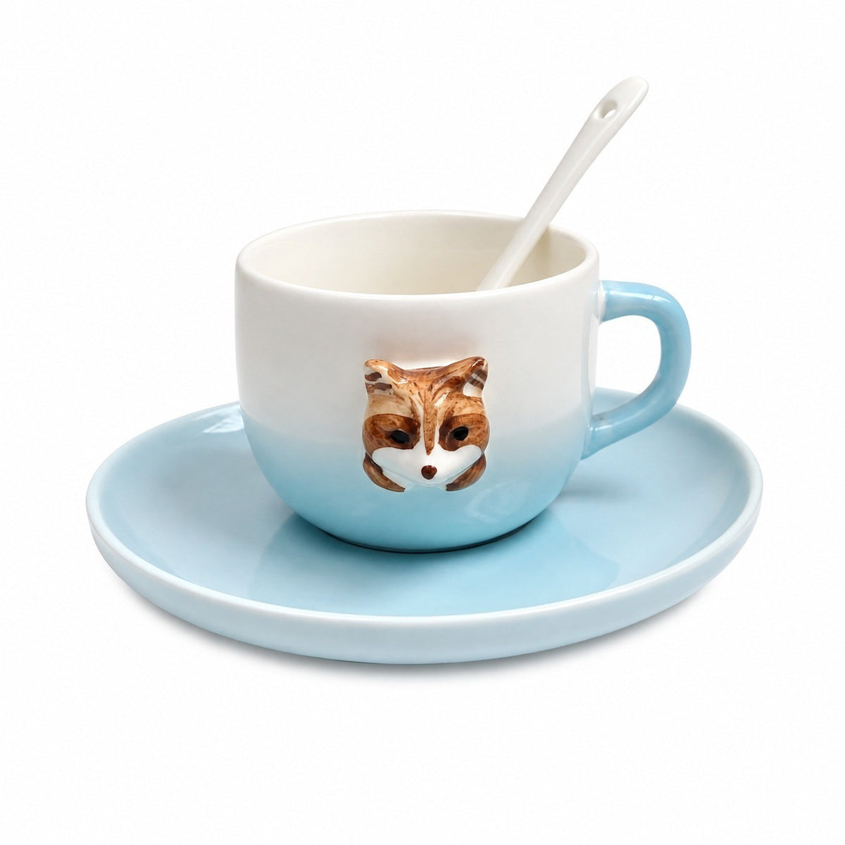 Ceramic Cup and Saucer Set, Green Bully Dog Design, 200ml with Spoon - product view 3