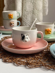Ceramic Cup and Saucer Set, Green Bully Dog Design, 200ml with Spoon - detail 2