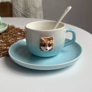 Ceramic Cup and Saucer Set, Green Bully Dog Design, 200ml with Spoon - detail 1