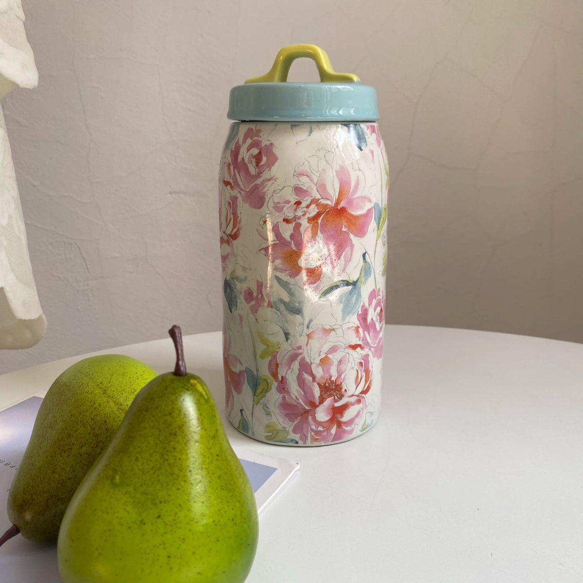 Ceramic Jar with Blue Lid, Lemon Design, 1300ml Kitchen Storage Container - detail 1