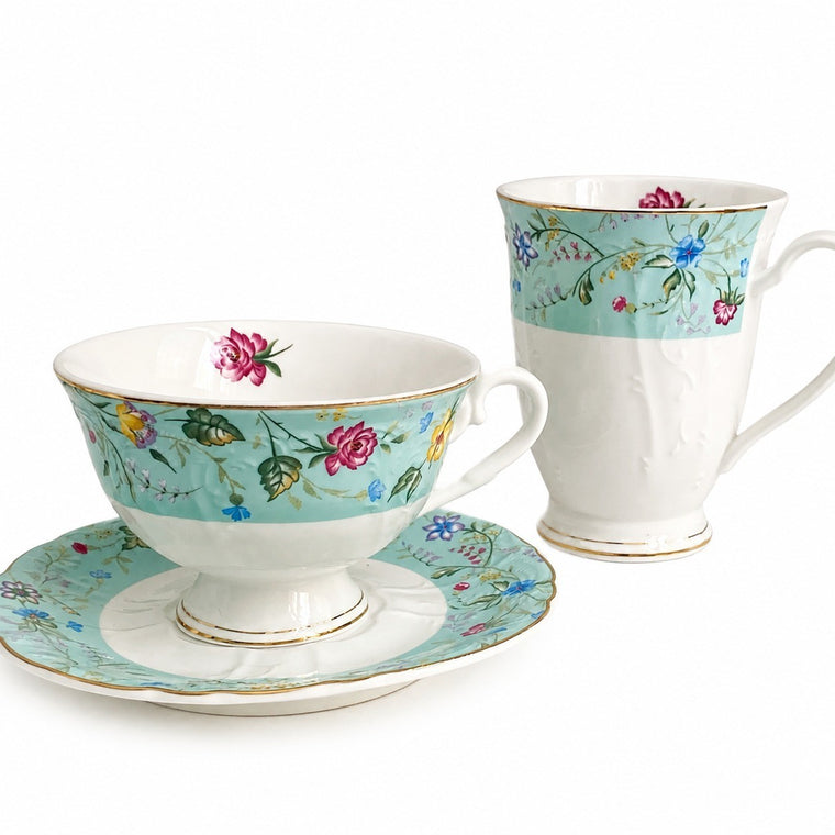 Ceramic Coffee Cup, Blue Floral Design - product view 2