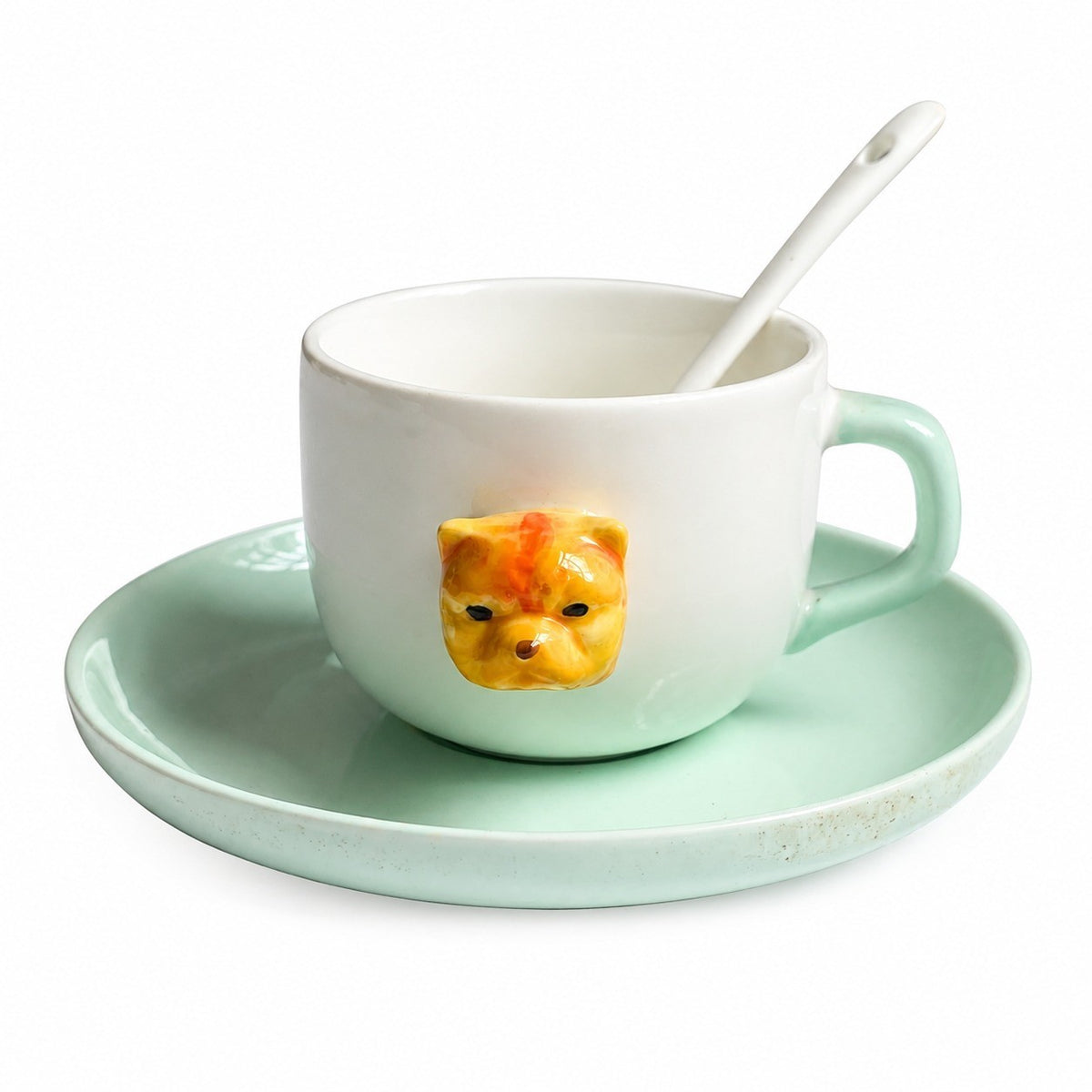 Ceramic Cup and Saucer Set, Green Bully Dog Design, 200ml with Spoon - product view 1