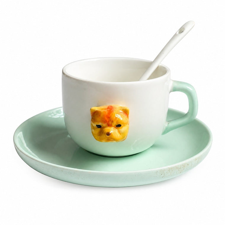 Ceramic Cup and Saucer Set, Green Bully Dog Design, 200ml with Spoon - product view 1