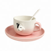Ceramic Cup and Saucer Set, Green Bully Dog Design, 200ml with Spoon - product view 2
