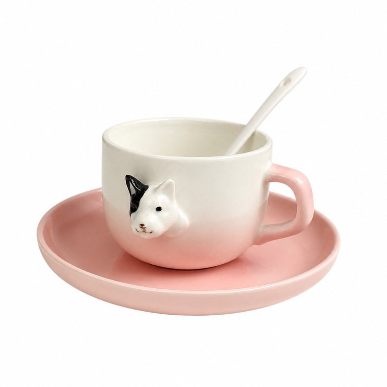 Ceramic Cup and Saucer Set, Green Bully Dog Design, 200ml with Spoon - product view 2