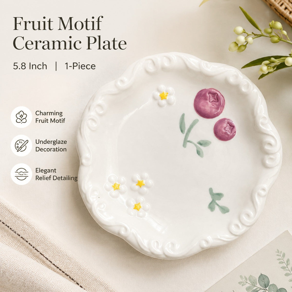 Fruit Motif Ceramic Plate, 5.8 Inch, Underglaze Relief Decor - detail 2