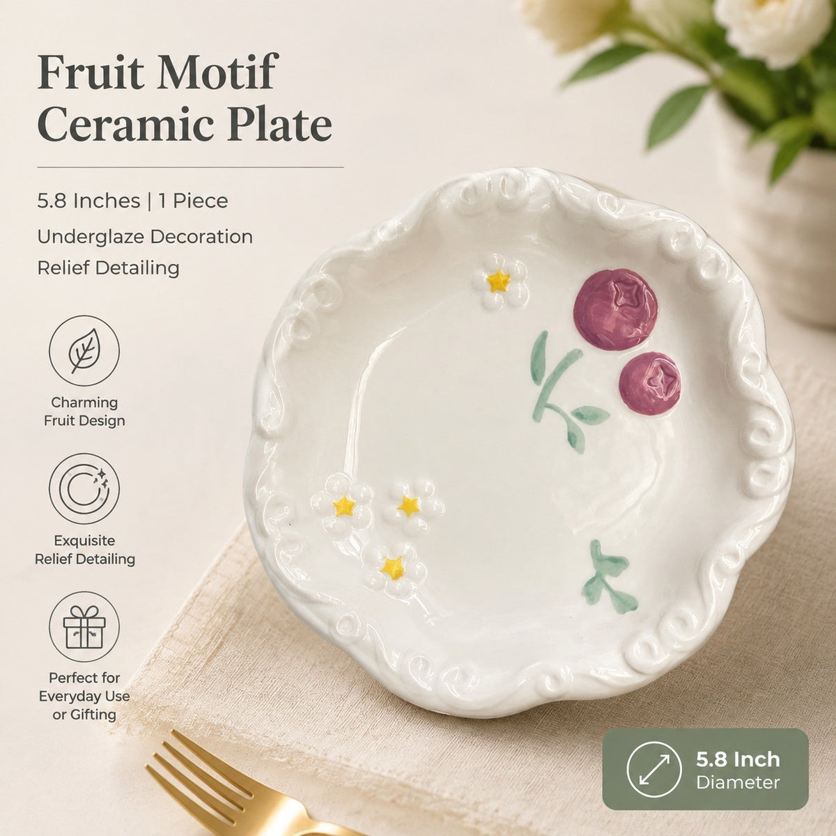 Fruit Motif Ceramic Plate, 5.8 Inch, Underglaze Relief Decor - detail 1
