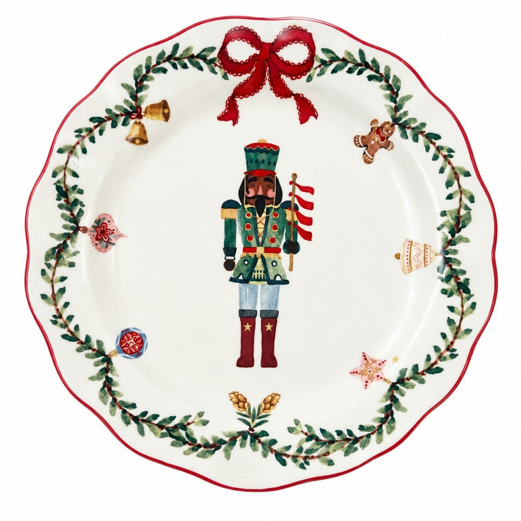 8.5" Ceramic Plate, Green Black-Face Nutcracker Design, Dinnerware - product view 1