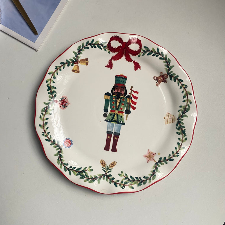 8.5" Ceramic Plate, Green Black-Face Nutcracker Design, Dinnerware - detail 1