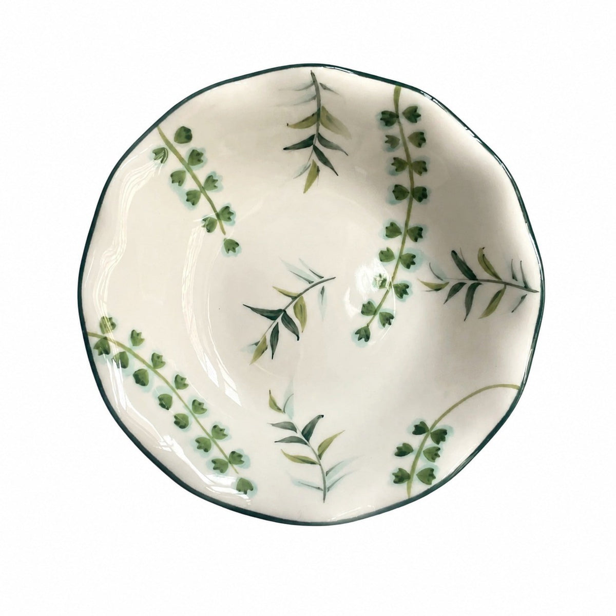 Green Floral Scallop Ceramic Deep Plate, 7.5 Inch, Hand-Painted Underglaze - product view 1