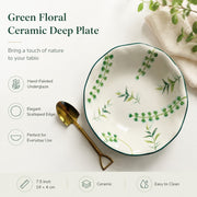 Green Floral Scallop Ceramic Deep Plate, 7.5 Inch, Hand-Painted Underglaze - detail 2