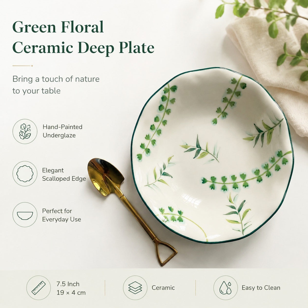 Green Floral Scallop Ceramic Deep Plate, 7.5 Inch, Hand-Painted Underglaze - detail 2
