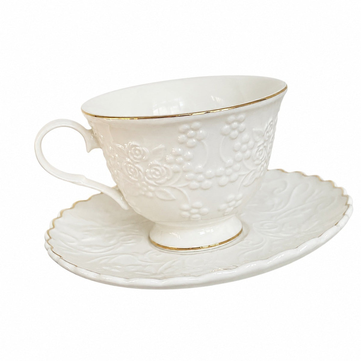 Gold-Detailed Relief Ceramic Cup and Saucer Set, 220 ml, Elegant Tea Coffee - product view 1