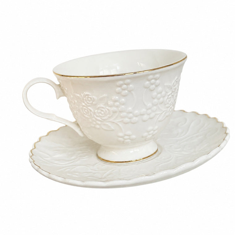 Gold-Detailed Relief Ceramic Cup and Saucer Set, 220 ml, Elegant Tea Coffee - product view 1