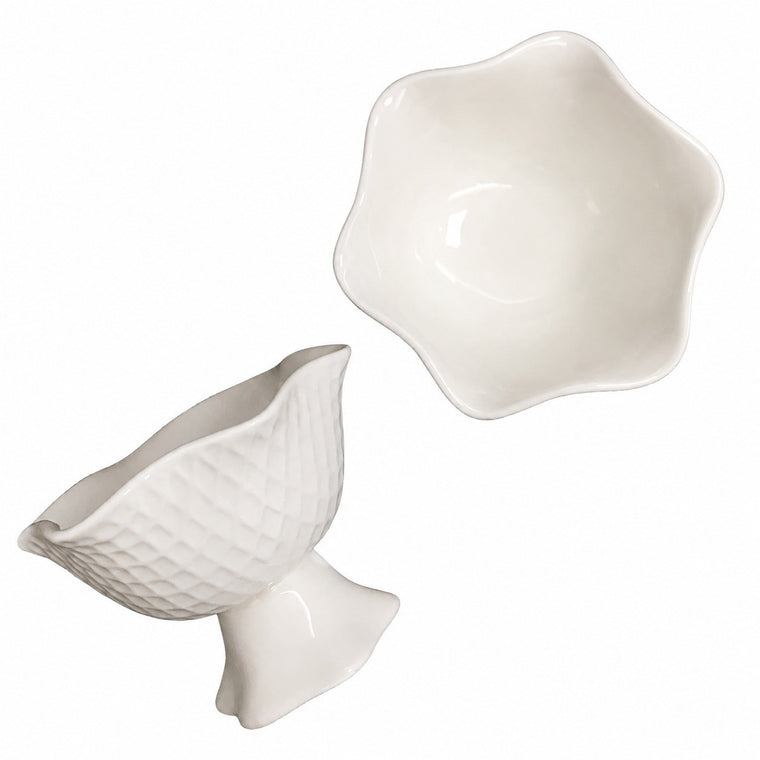 White Pedestal Ice-Cream Cup, Ceramic Dessert Bowl with Relief Detailing - product view 1