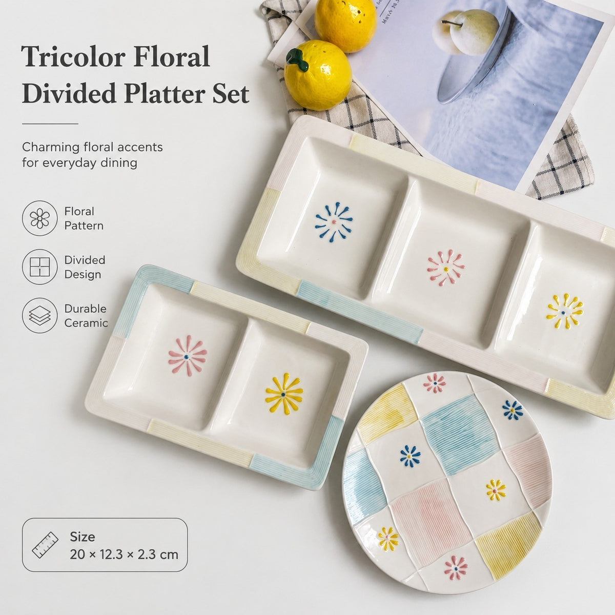 Ceramic Divided Platter, Tricolor Floral, Serving Tray - detail 2