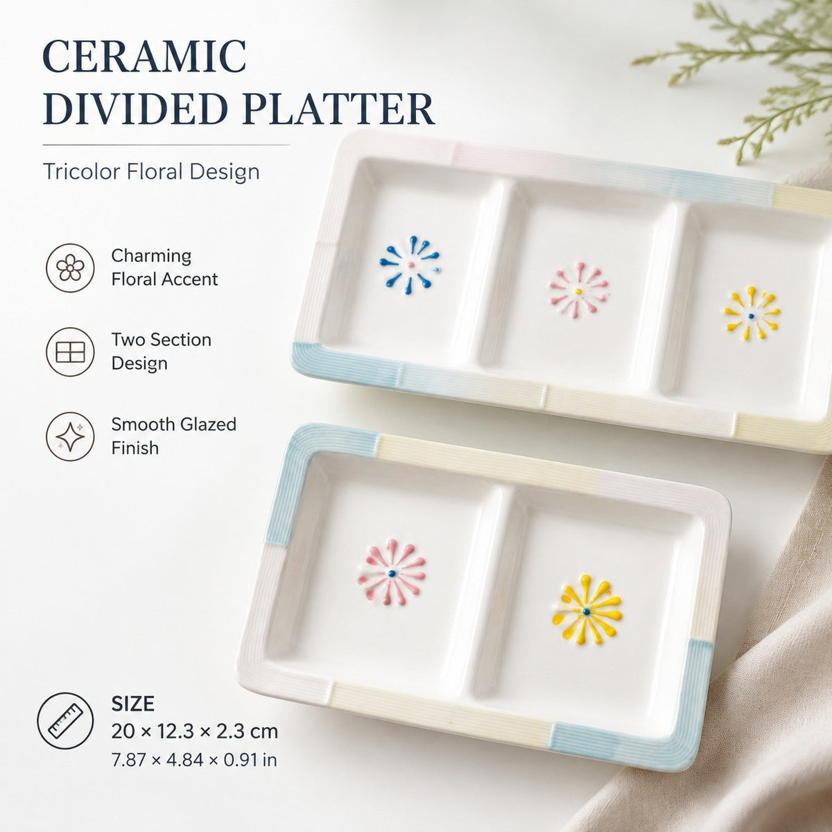 Ceramic Divided Platter, Tricolor Floral, Serving Tray - detail 3