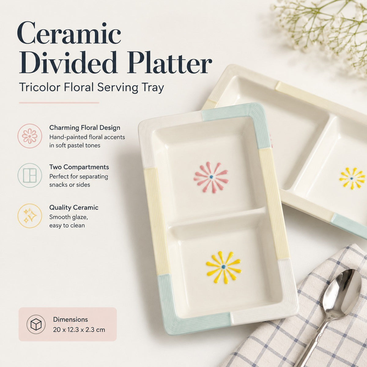 Ceramic Divided Platter, Tricolor Floral, Serving Tray - detail 1