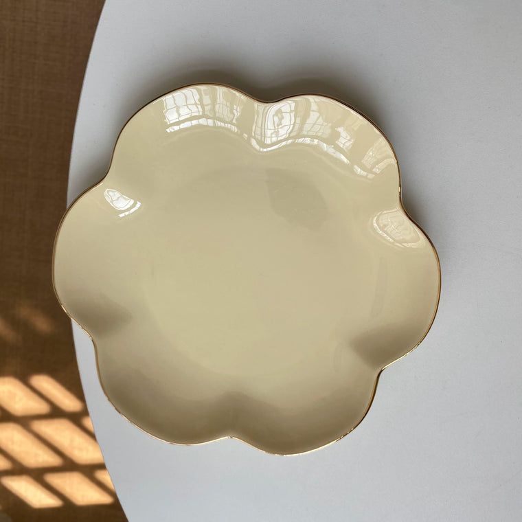 Gold-Detailed Cream Flower Ceramic Plate, 8 Inch Decorative Dinnerware - detail 1