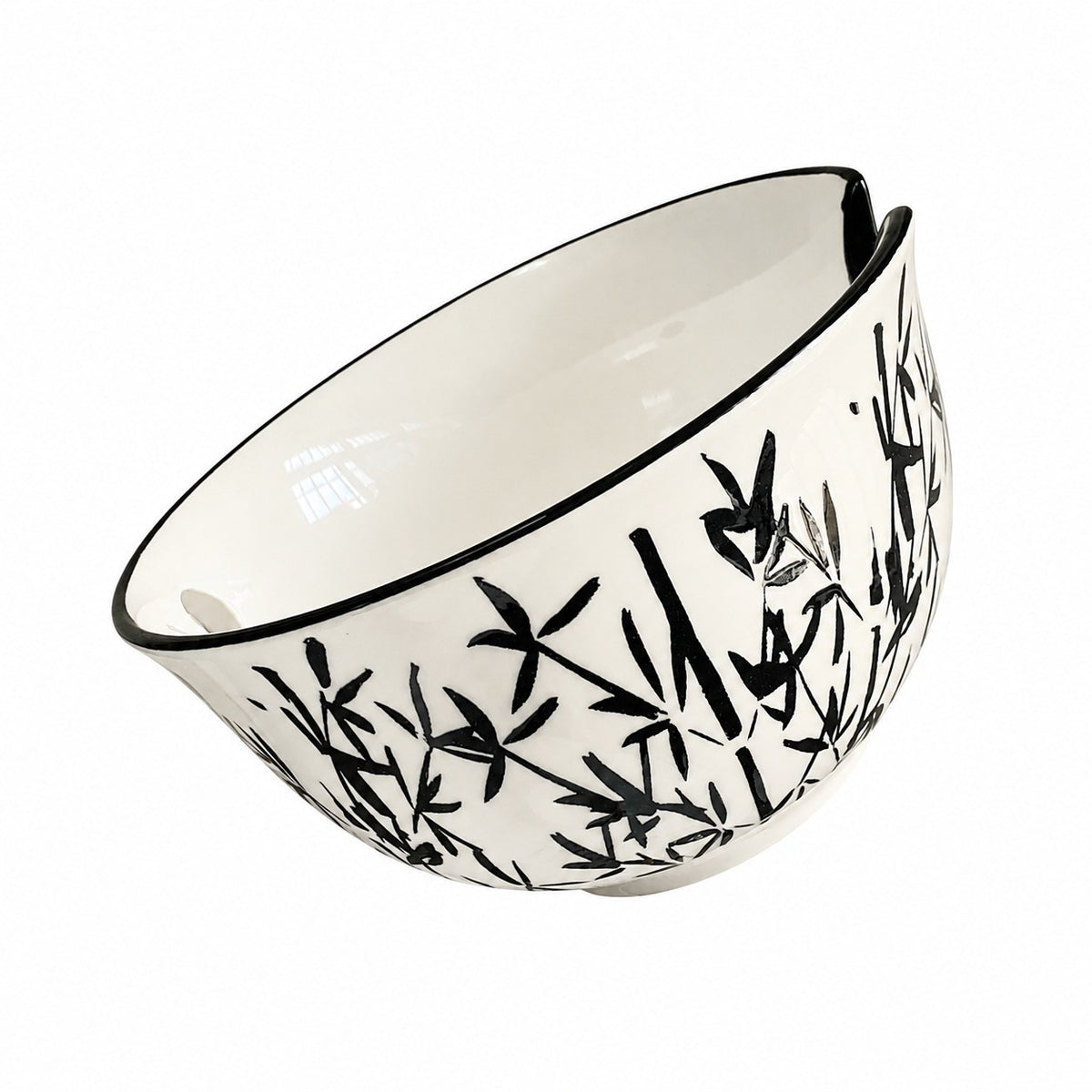Ink-Bamboo Ceramic Bowl with Utensil Hole, 6.5 Inch, Hand-Painted Underglaze - product view 1