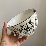 Ink-Bamboo Ceramic Bowl with Utensil Hole, 6.5 Inch, Hand-Painted Underglaze - detail 1
