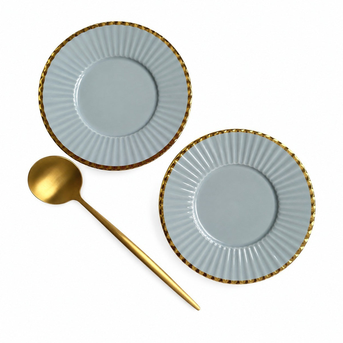 Gold-Rim Gray Ceramic Small Dish, Relief Detailing - product view 3