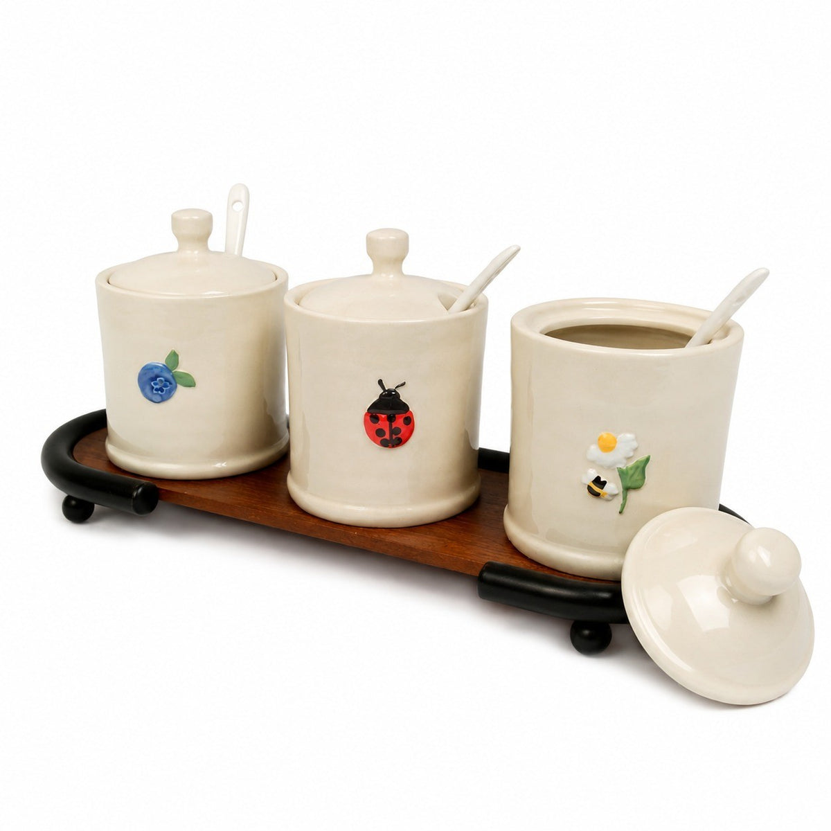 Ceramic Seasoning Jar with Wood Base, Hand-Painted Bird Relief - product view 3
