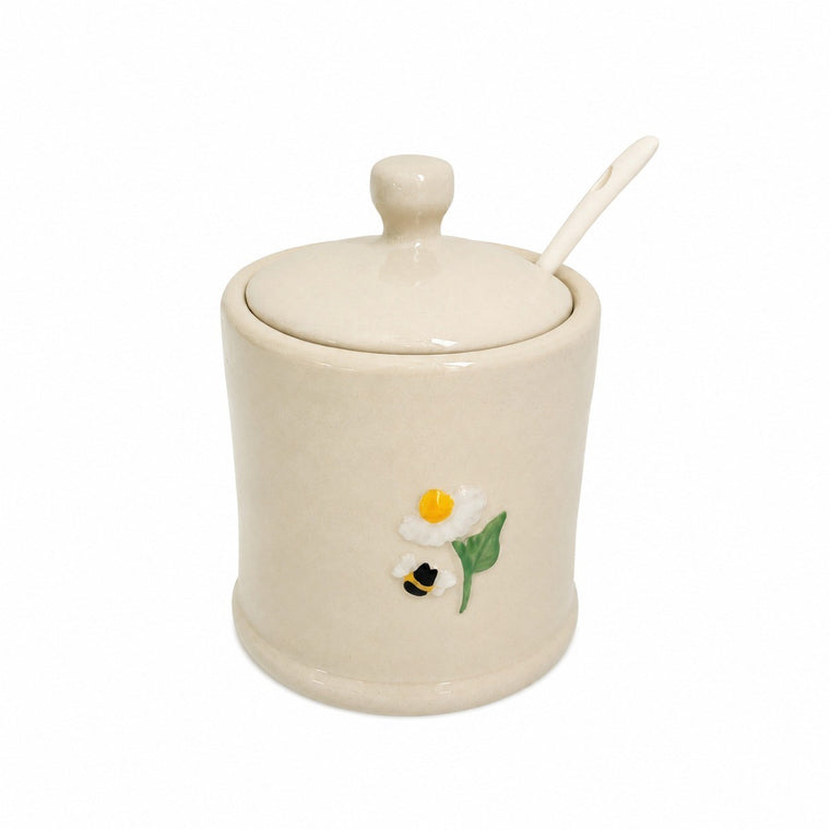 Ceramic Seasoning Jar with Wood Base, Hand-Painted Bird Relief - product view 2
