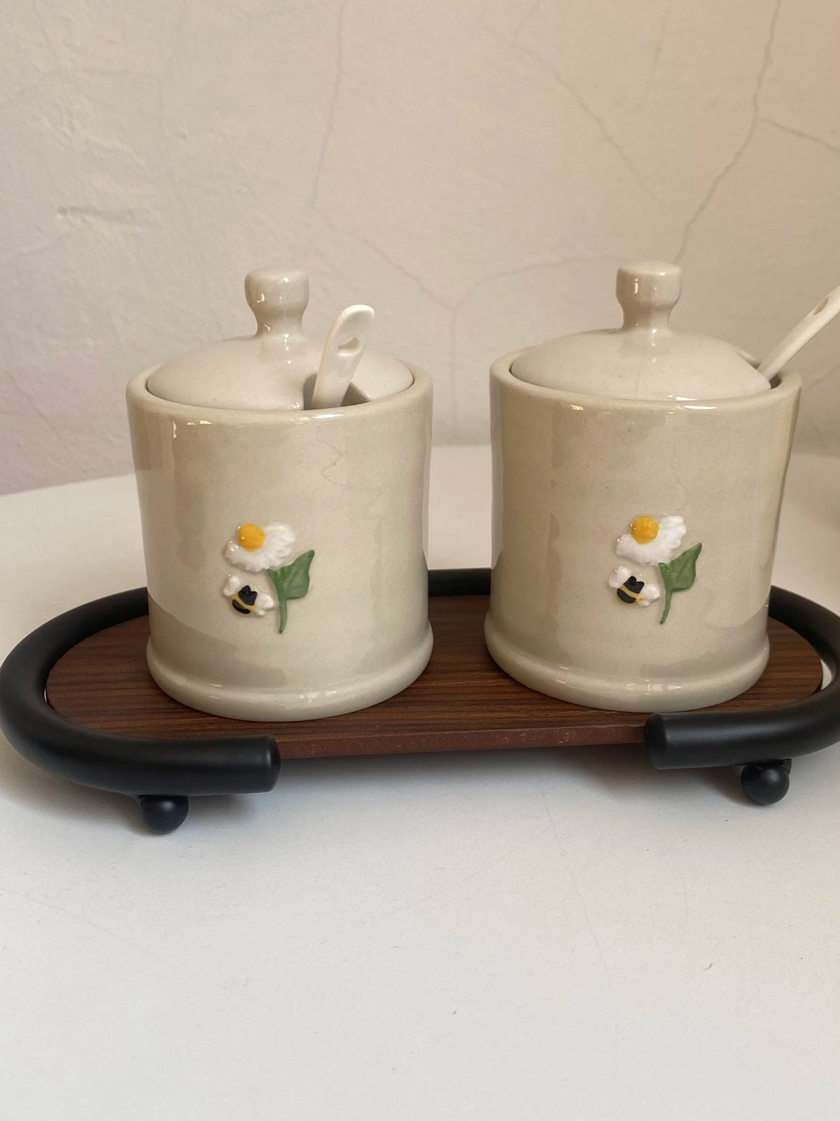 Ceramic Seasoning Jar with Wood Base, Hand-Painted Bird Relief - detail 2