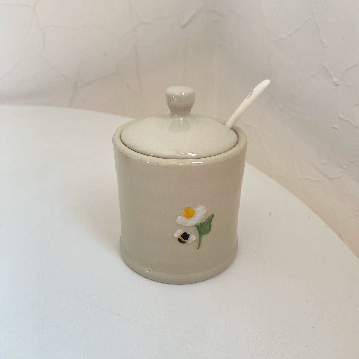 Ceramic Seasoning Jar with Wood Base, Hand-Painted Bird Relief - detail 1