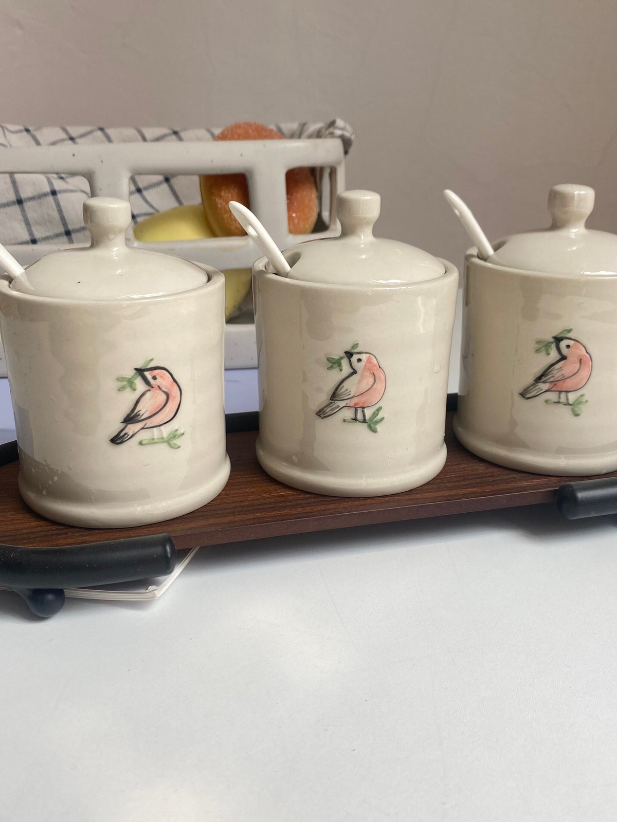 Ceramic Seasoning Jar with Wood Base, Hand-Painted Bird Relief - detail 3