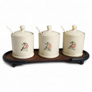 Ceramic Seasoning Jar with Wood Base, Hand-Painted Bird Relief - product view 4