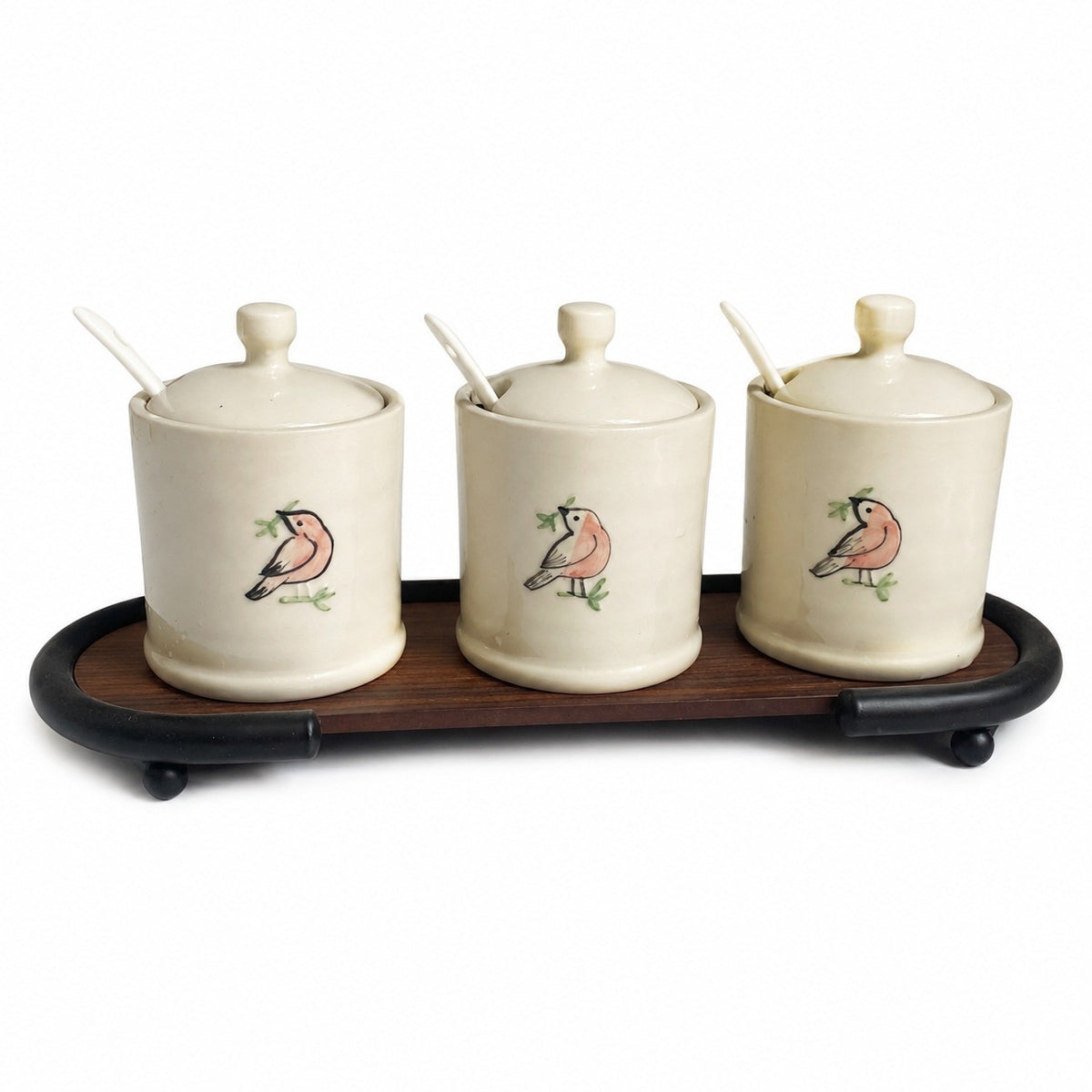 Ceramic Seasoning Jar with Wood Base, Hand-Painted Bird Relief - product view 4